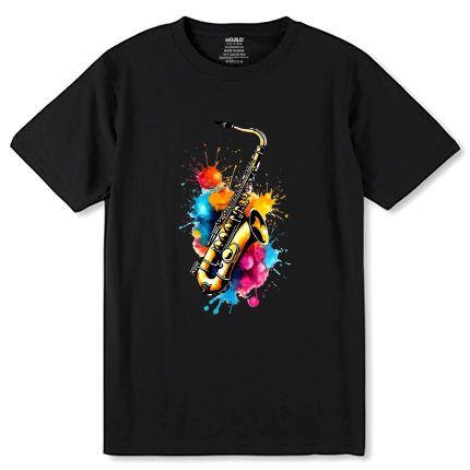 Colorful Saxophone with Musical Splash Art - Unisex Round Neck Regular Fit 100% Combed Cotton Half Sleeve T-Shirt
