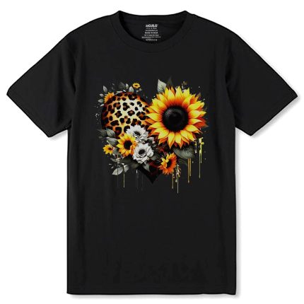 Leopard print heart design with sunflowers - Unisex Round Neck Regular Fit 100% Combed Cotton Half Sleeve T-Shirt
